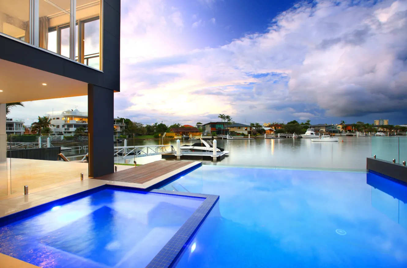 Canal front pool with pristine water